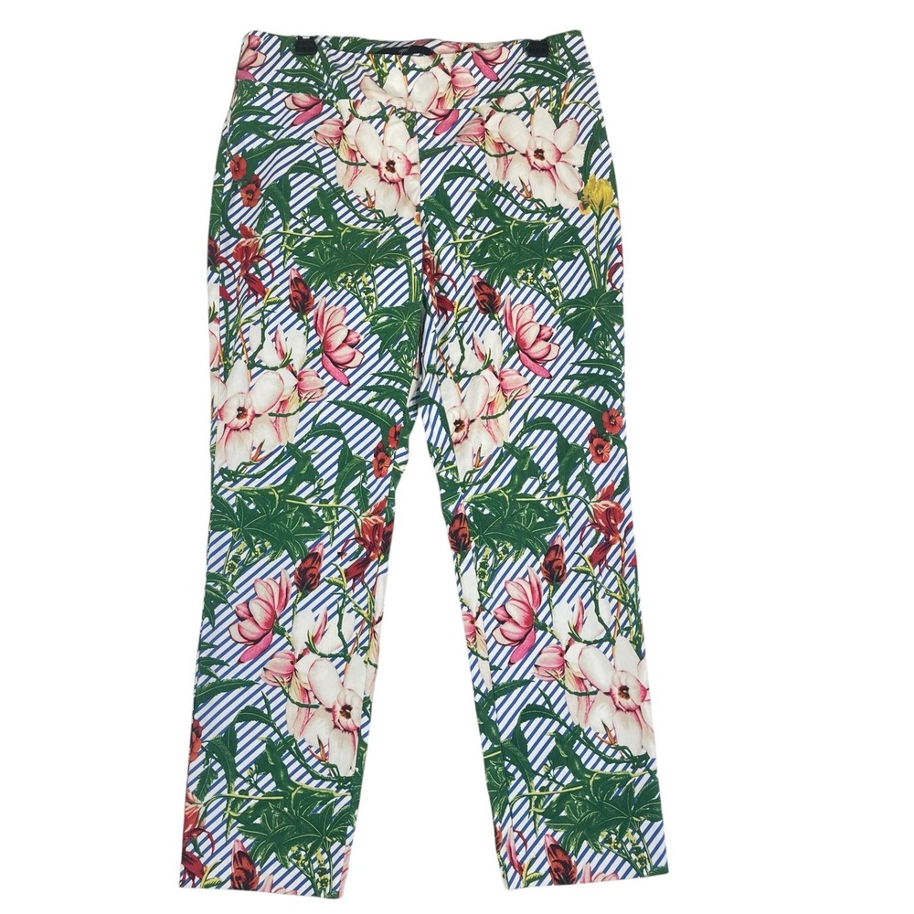 Up! Pants Women 14 Blue White Floral Striped Pull On Ankle Slim Tummy Control